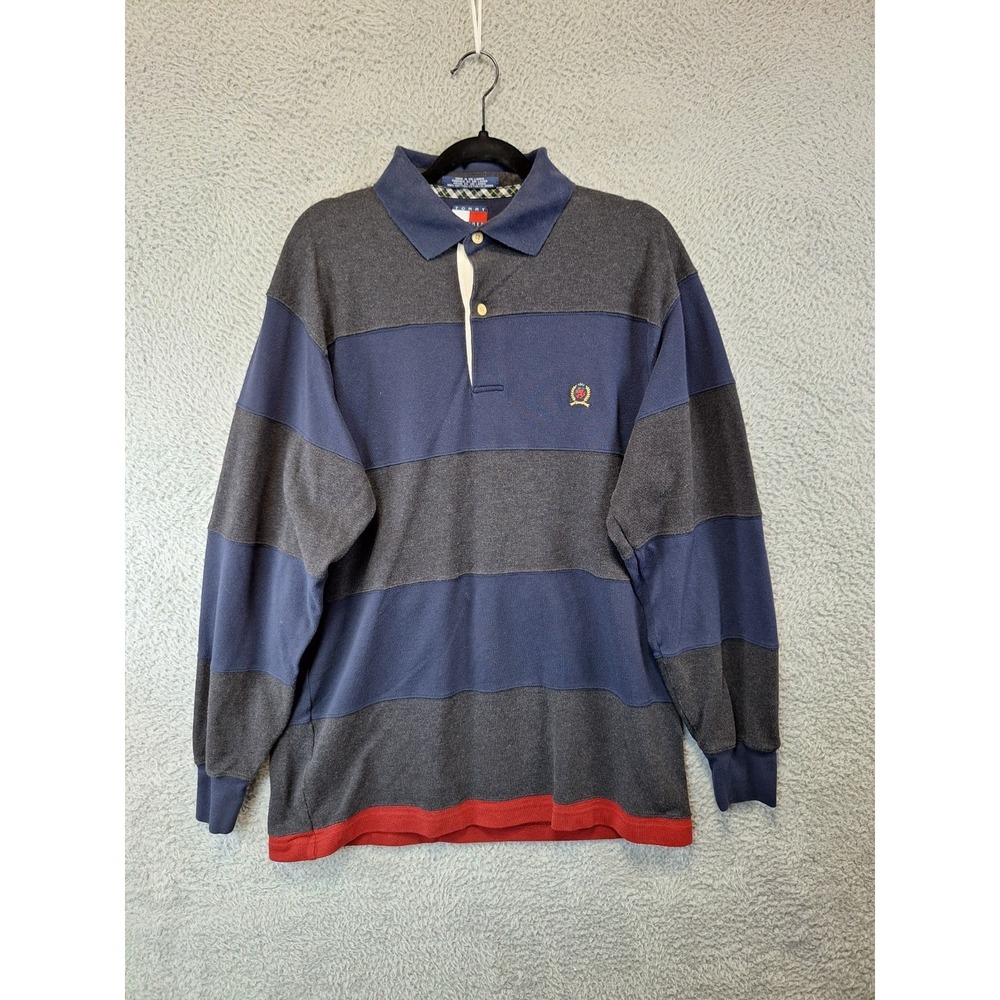Tommy‎ Hilfiger Rugby Shirt Mens L Navy Gray Striped Cotton Performance Pullover